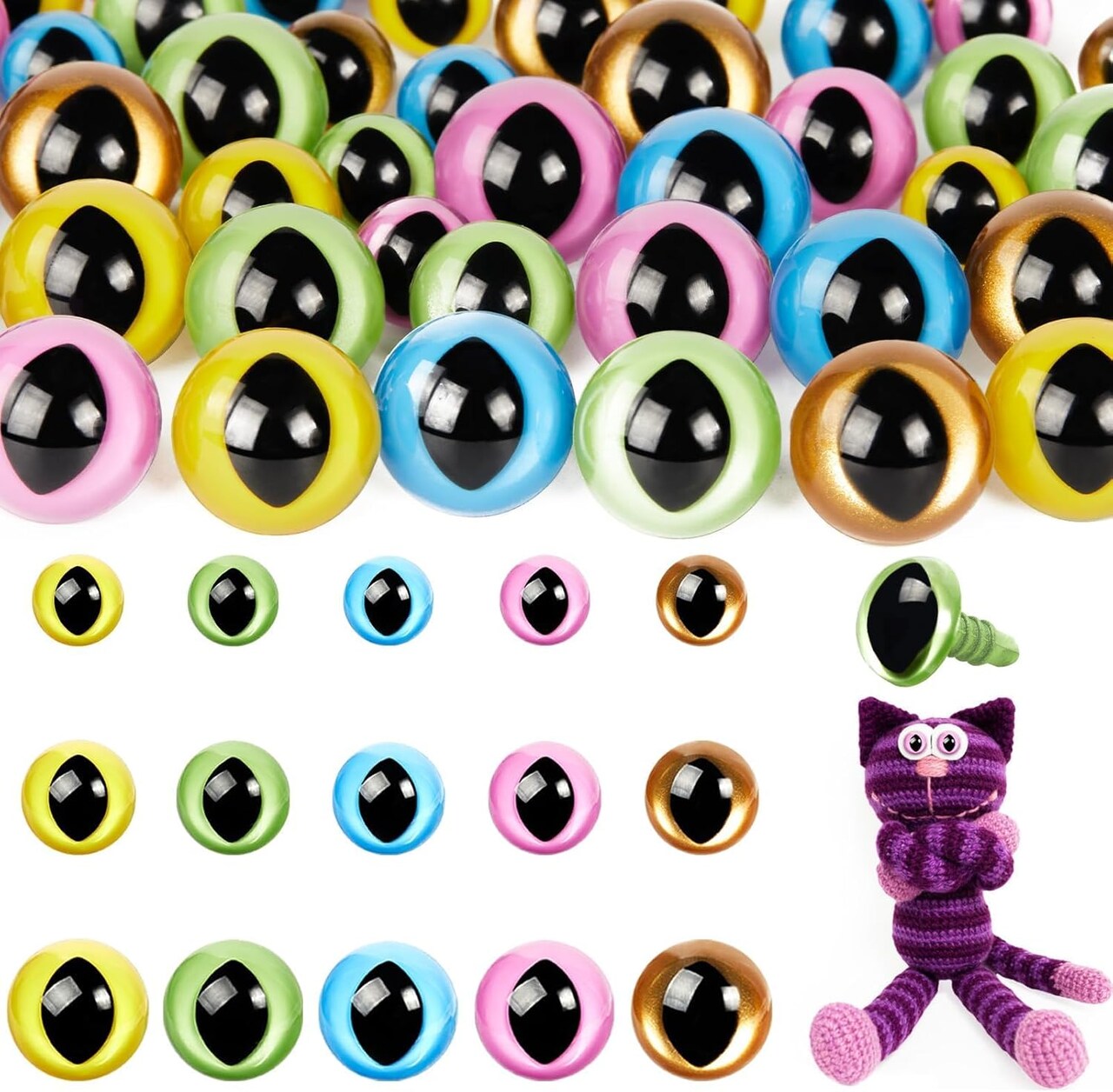 80pcs 12–18mm Plastic Cat Safety Eyes with Washers – Multi-Color Craft Eyes for Amigurumi, Crochet Dolls, Stuffed Animals, Puppets & DIY Projects (5 Colors)